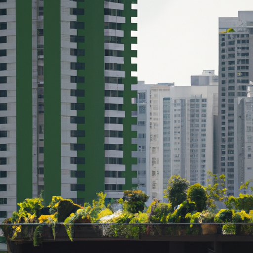 קו רקיע של עיר עם גינות מרפסת שופעות המוסיפות נופך של ירוק לנוף האורבני.
