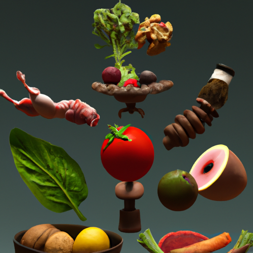 פריסה של מרכיבים בריאים שונים, כולל סומאק, פירות וירקות, המסמלים תזונה מאוזנת.