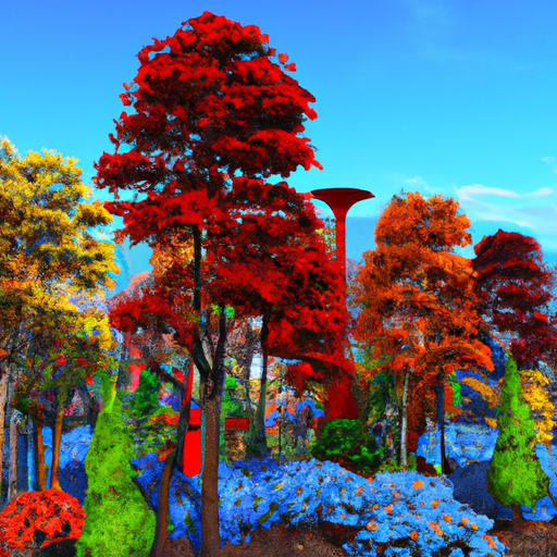 משתלת עצי נוי תוססת המציגה מגוון עצים וצמחים צבעוניים