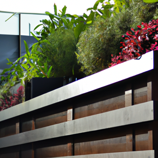 מרפסת שמש הכוללת קיר מגורים ירוק שופע ודק עץ, המשלבת את הטבע בצורה חלקה בעיצוב.