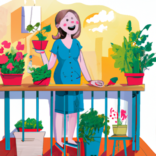 אישה מאושרת מטפלת בגינת המרפסת המשגשגת שלה המלאה בפרחים וירקות.