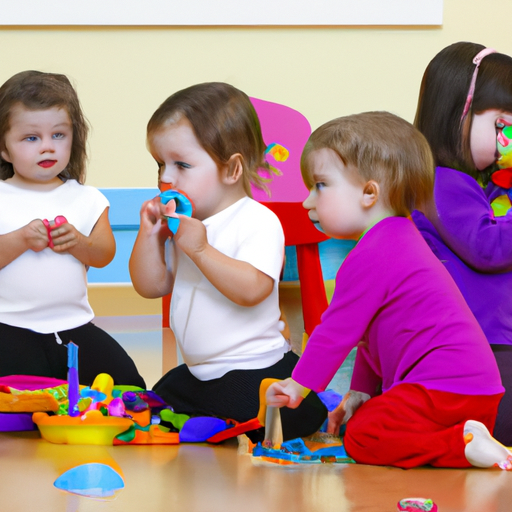 קבוצת פעוטות משחקת בצעצועים חינוכיים בסביבת פעוטון מוארת ומסבירת פנים.