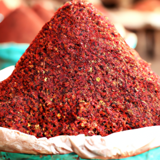 תצוגה צבעונית של תבלין סומאק בשוק במזרח התיכון, המציגה את הגוון האדום התוסס שלו.