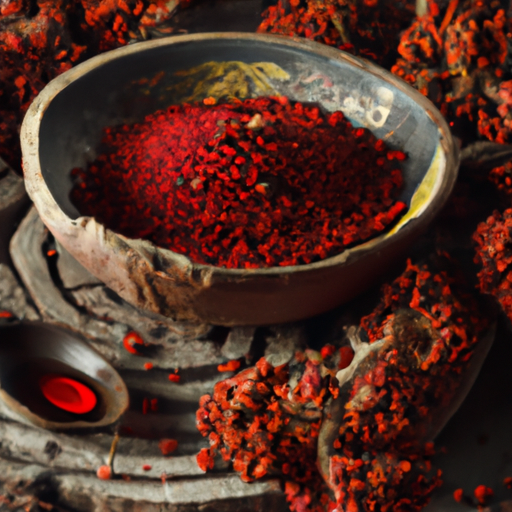 תבלין סומאק אדום תוסס בקערה כפרית, מוקף במקורו - גרגרי הסומאק