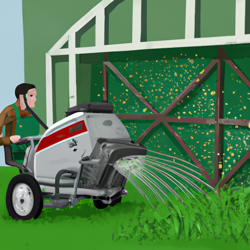 בעל בית המשתמש במפזר שידור כדי לפזר דשן באופן שווה על הדשא.