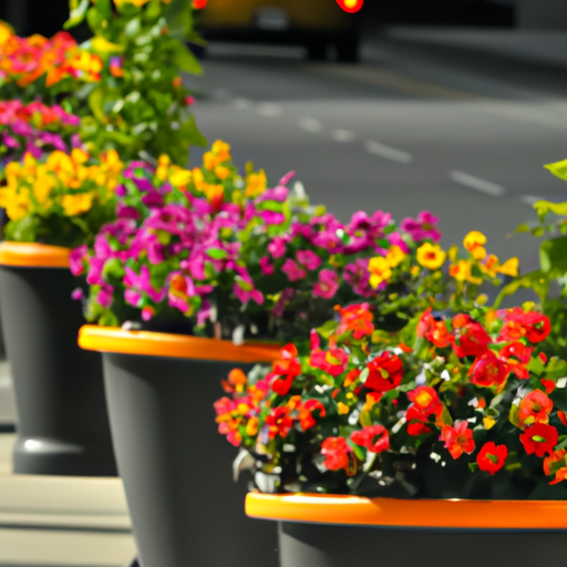 מערך ססגוני של אדניות פרחים לאורך רחוב בעיר, מאיר את הנוף האורבני.