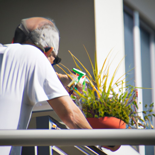 אדם שמטפל בגינת המרפסת שלו, משקה צמחים ובודק צמיחה