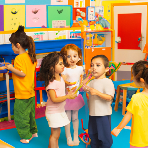 קבוצת ילדים חייכנים משחקים יחד בכיתת תינוקות דרומית צבעונית